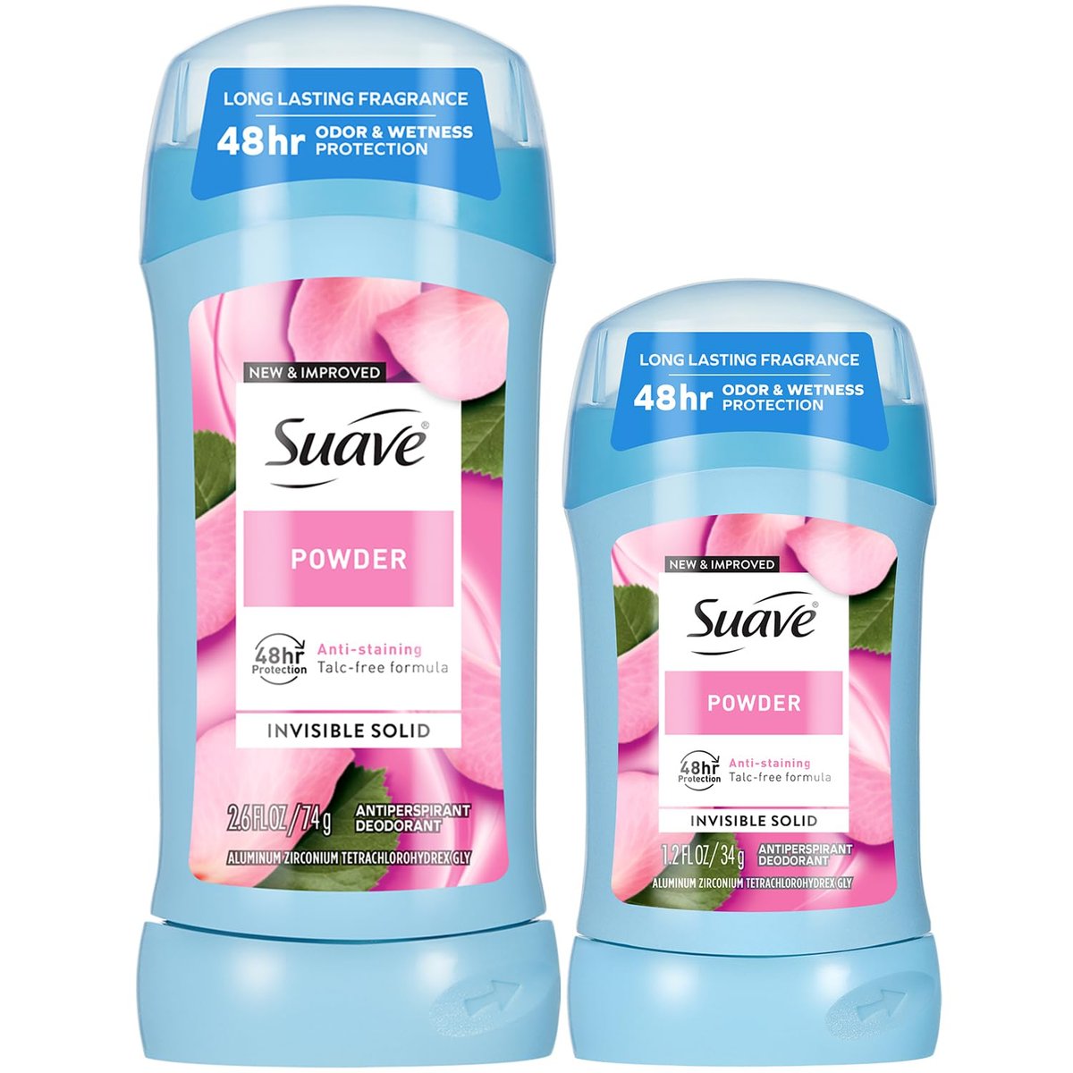 Suave Antiperspirant Deodorant für Frauen, Puder 2-Größen Sortiment – Anti-Flecken Invisible Solid, Talkumfrei (2er Set), Duftend
