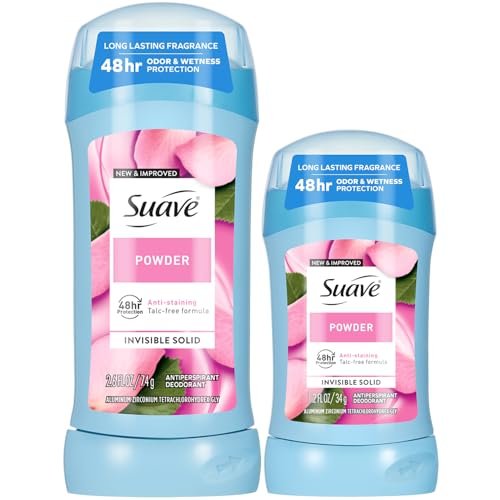 Suave Antiperspirant Deodorant für Frauen, Puder 2-Größen Sortiment – Anti-Flecken Invisible Solid, Talkumfrei (2er Set), Duftend