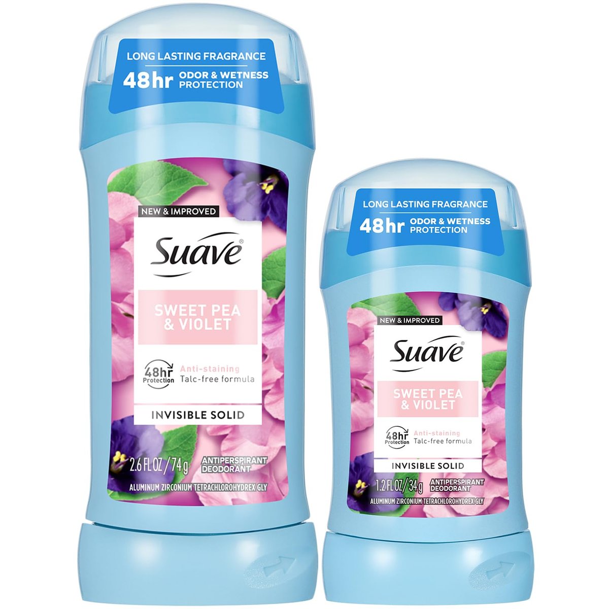 Suave Antitranspirant Deodorant für Frauen, Sweet Pea & Violet 2-Größen Variety Pack – Fleckenfreier unsichtbarer Feststoff, Talkumfrei (2er Set)