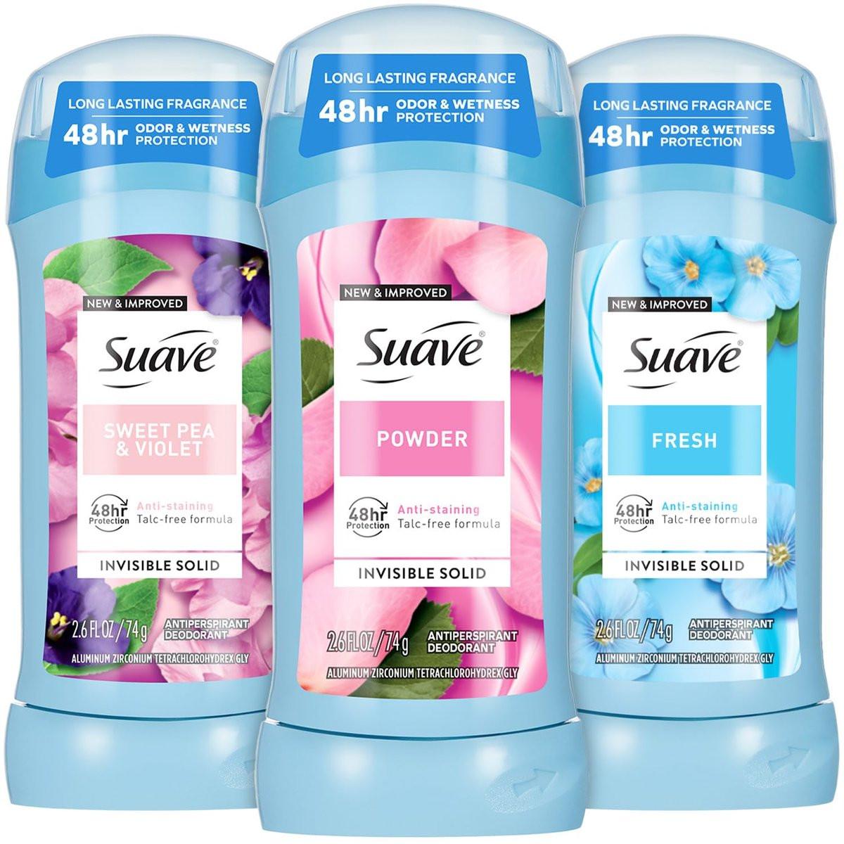 Suave Antitranspirant Deodorant für Damen im 3er-Pack – Puder, Fresh, Sweet Pea & Violet, fleckschutz Invisible Solid, talkumfrei, 2,6 Oz (74 g) pro Stück