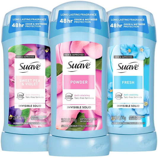 Suave Antitranspirant Deodorant für Damen im 3er-Pack – Puder, Fresh, Sweet Pea & Violet, fleckschutz Invisible Solid, talkumfrei, 2,6 Oz (74 g) pro Stück