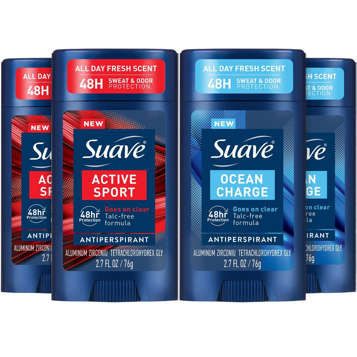 Suave Antitranspirant Deodorant für Männer, Sorten-Viererpack – Active Sport, Bergamotte & Holz + Ocean Charge, Marine & Treibholz, 48h Schweiß- und Geruchsschutz, je 76,5 g