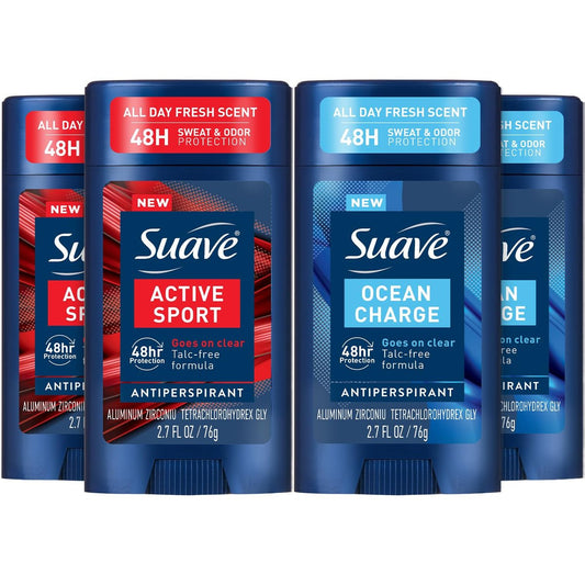 Suave Antitranspirant Deodorant für Männer, Sorten-Viererpack – Active Sport, Bergamotte & Holz + Ocean Charge, Marine & Treibholz, 48h Schweiß- und Geruchsschutz, je 76,5 g