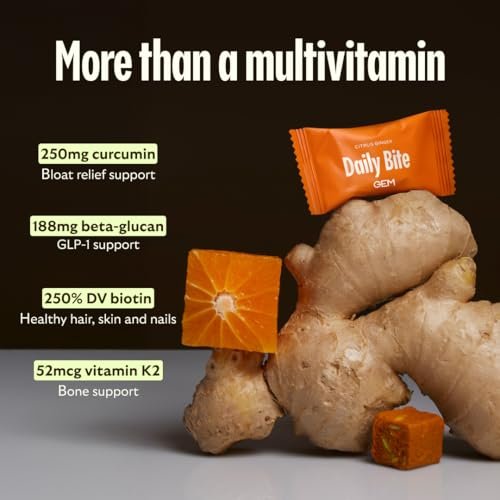 GEM Daily Bite für Frauen und Männer – 20+ Vitamine, Mineralien & Superfoods wie Zink, Vitamin D, B-Komplex, K, Kurkuma, Ballaststoffe & Präbiotika, Beta-Glucan GLP-1 Unterstützung & Immunität (Zitrone-Ingwer, 7 Stück)