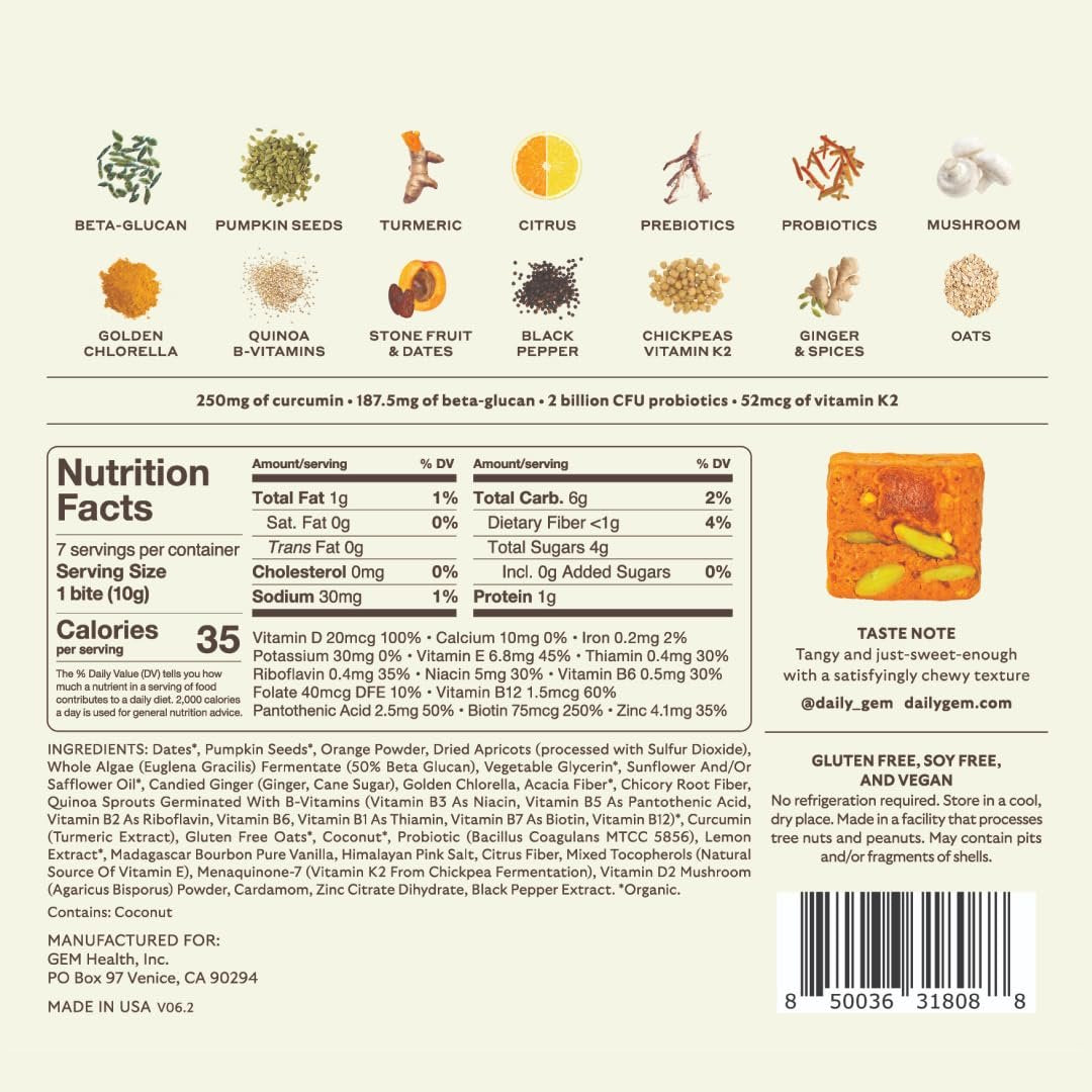 GEM Daily Bite für Frauen und Männer – 20+ Vitamine, Mineralien & Superfoods wie Zink, Vitamin D, B-Komplex, K, Kurkuma, Ballaststoffe & Präbiotika, Beta-Glucan GLP-1 Unterstützung & Immunität (Zitrone-Ingwer, 7 Stück)