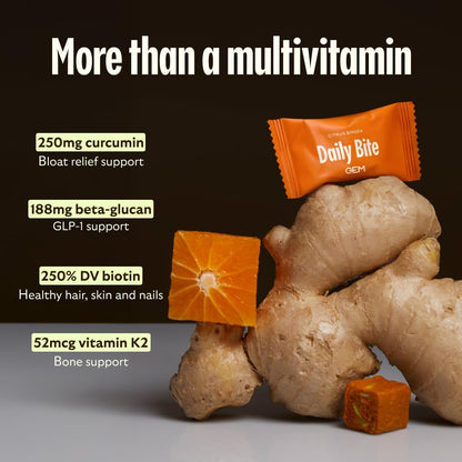 GEM Daily Bite für Frauen und Männer – 20+ Vitamine, Mineralien & Superfoods wie Zink, Vitamin D, B-Komplex, K, Kurkuma, Ballaststoffe & Präbiotika, Beta-Glucan GLP-1 Unterstützung & Immunität (Zitrone-Ingwer, 7 Stück)