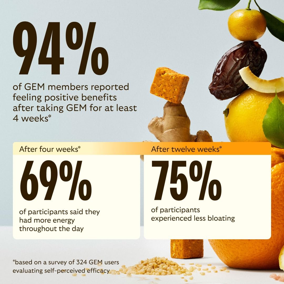 GEM Daily Bite für Frauen und Männer – 20+ Vitamine, Mineralien & Superfoods wie Zink, Vitamin D, B-Komplex, K, Kurkuma, Ballaststoffe & Präbiotika, Beta-Glucan GLP-1 Unterstützung & Immunität (Zitrone-Ingwer, 7 Stück)