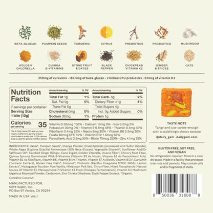 GEM Daily Bite für Frauen und Männer – 20+ Vitamine, Mineralien & Superfoods wie Zink, Vitamin D, B-Komplex, K, Kurkuma, Ballaststoffe & Präbiotika, Beta-Glucan GLP-1 Unterstützung & Immunität (Zitrone-Ingwer, 7 Stück)