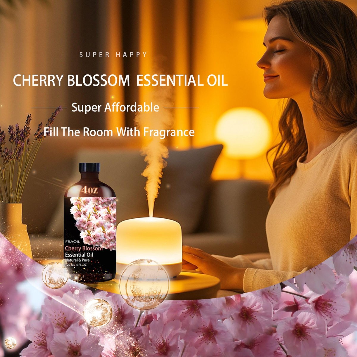 Kirschblüten Ätherisches Öl, 120 ml - Für Diffuser, Luftbefeuchter, Yoga, DIY Kerzen- und Seifenherstellung, Parfüm - Geschenk für Frauen - FRAOIL