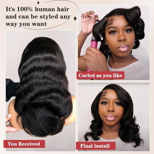 Devonia 14 Zoll Bob Perücke Echthaar 13x4 Body Wave Spitzenfront Perücke Menschliches Haar Vorgeplückte HD Frontalspitze Perücke 180 Dichte Klebefreie Perücke für Frauen Bob Perücken Natur Schwarz