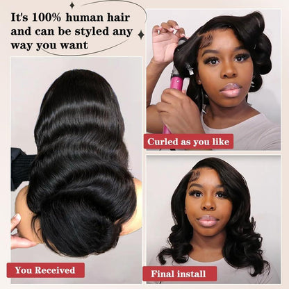 Devonia 14 Zoll Bob Perücke Echthaar 13x4 Body Wave Spitzenfront Perücke Menschliches Haar Vorgeplückte HD Frontalspitze Perücke 180 Dichte Klebefreie Perücke für Frauen Bob Perücken Natur Schwarz
