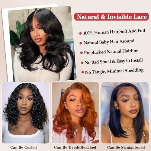 Devonia 14 Zoll Bob Perücke Echthaar 13x4 Body Wave Spitzenfront Perücke Menschliches Haar Vorgeplückte HD Frontalspitze Perücke 180 Dichte Klebefreie Perücke für Frauen Bob Perücken Natur Schwarz