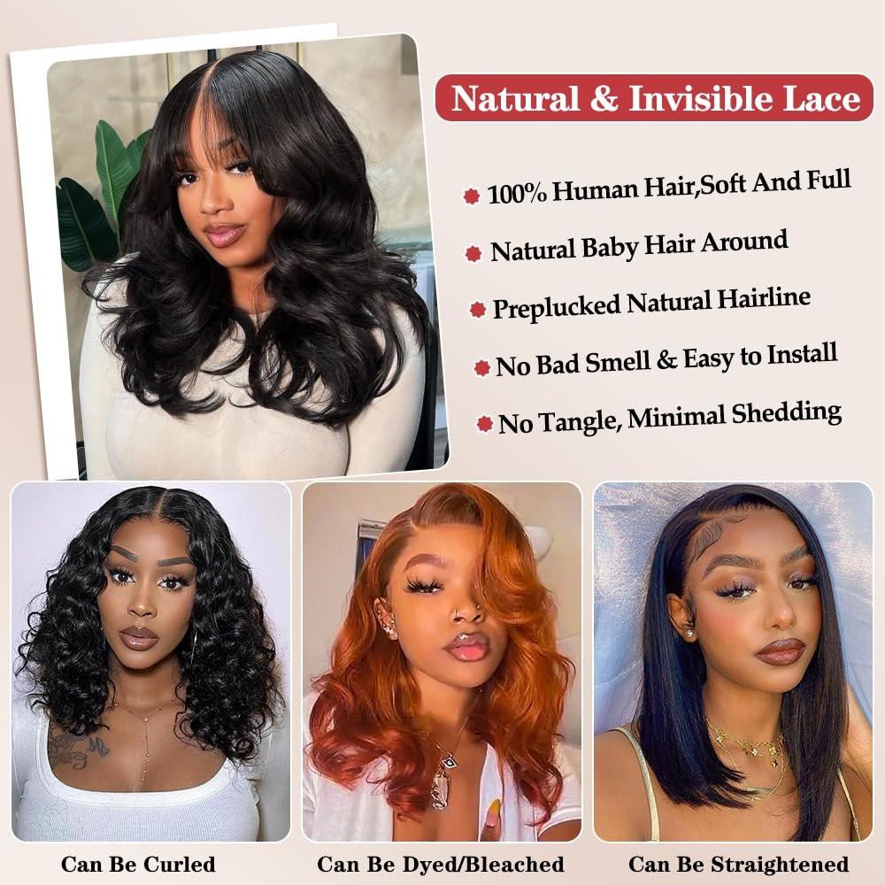 Devonia 14 Zoll Bob Perücke Echthaar 13x4 Body Wave Spitzenfront Perücke Menschliches Haar Vorgeplückte HD Frontalspitze Perücke 180 Dichte Klebefreie Perücke für Frauen Bob Perücken Natur Schwarz