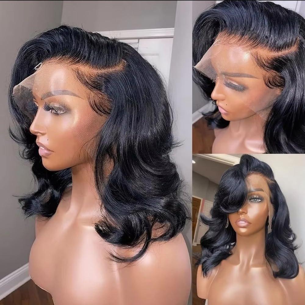 Devonia 14 Zoll Bob Perücke Echthaar 13x4 Body Wave Spitzenfront Perücke Menschliches Haar Vorgeplückte HD Frontalspitze Perücke 180 Dichte Klebefreie Perücke für Frauen Bob Perücken Natur Schwarz