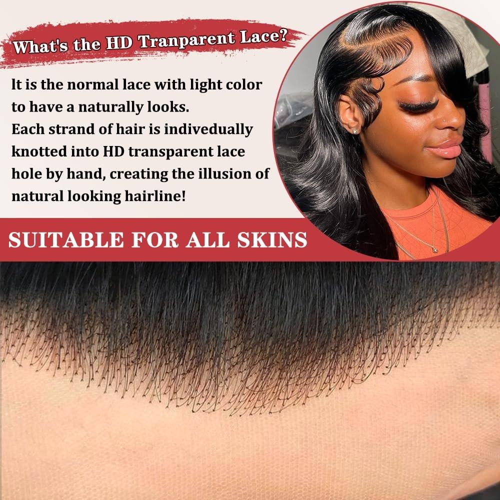 Devonia 14 Zoll Bob Perücke Echthaar 13x4 Body Wave Spitzenfront Perücke Menschliches Haar Vorgeplückte HD Frontalspitze Perücke 180 Dichte Klebefreie Perücke für Frauen Bob Perücken Natur Schwarz