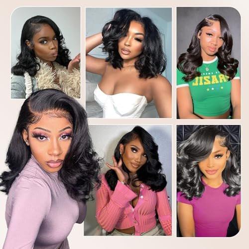 Devonia 14 Zoll Bob Perücke Echthaar 13x4 Body Wave Spitzenfront Perücke Menschliches Haar Vorgeplückte HD Frontalspitze Perücke 180 Dichte Klebefreie Perücke für Frauen Bob Perücken Natur Schwarz