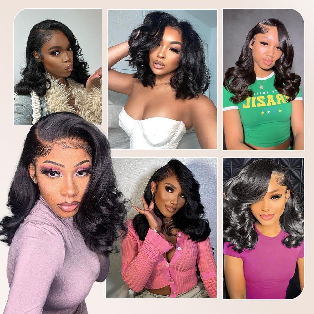 Devonia 14 Zoll Bob Perücke Echthaar 13x4 Body Wave Spitzenfront Perücke Menschliches Haar Vorgeplückte HD Frontalspitze Perücke 180 Dichte Klebefreie Perücke für Frauen Bob Perücken Natur Schwarz