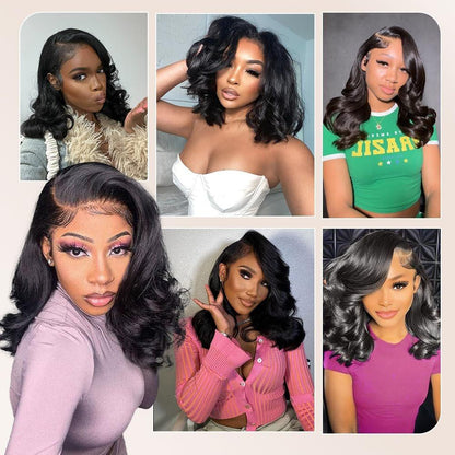 Devonia 14 Zoll Bob Perücke Echthaar 13x4 Body Wave Spitzenfront Perücke Menschliches Haar Vorgeplückte HD Frontalspitze Perücke 180 Dichte Klebefreie Perücke für Frauen Bob Perücken Natur Schwarz