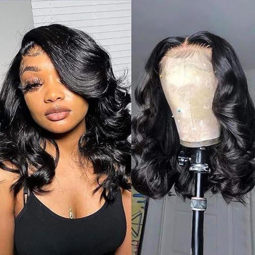 Devonia 14 Zoll Bob Perücke Echthaar 13x4 Body Wave Spitzenfront Perücke Menschliches Haar Vorgeplückte HD Frontalspitze Perücke 180 Dichte Klebefreie Perücke für Frauen Bob Perücken Natur Schwarz