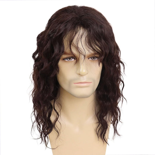 GNIMEGIL Lange Braune Perücke für Männer, Synthetisch, Layered Wavy, Cosplay, Party, 70er 80er Punk Rocker California Perücke mit Pony