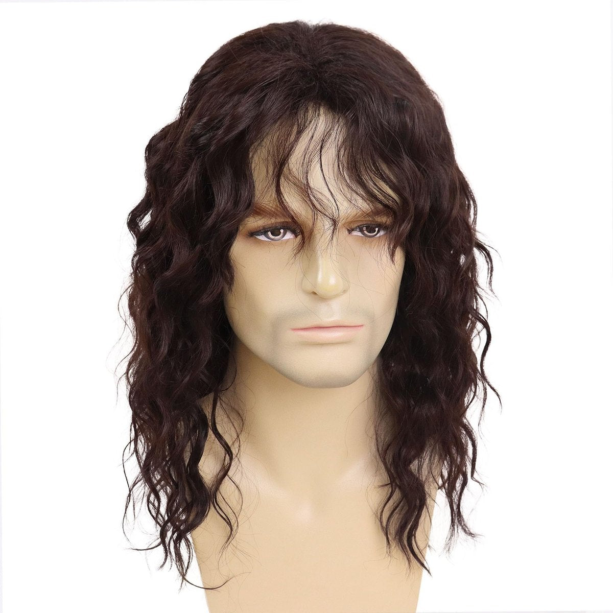 GNIMEGIL Lange Braune Perücke für Männer, Synthetisch, Layered Wavy, Cosplay, Party, 70er 80er Punk Rocker California Perücke mit Pony