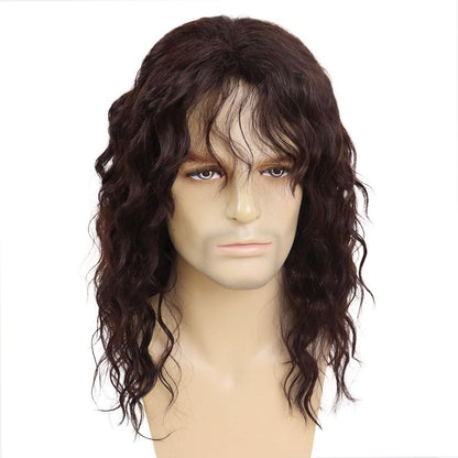 GNIMEGIL Lange Braune Perücke für Männer, Synthetisch, Layered Wavy, Cosplay, Party, 70er 80er Punk Rocker California Perücke mit Pony