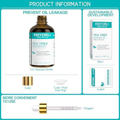 ENYORLI Teebaumöl 100 ml – 100% reines ätherisches Öl für Diffuser, Haare, Kopfhaut, Haut, Nägel & DIY