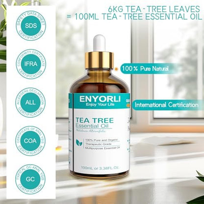 ENYORLI Teebaumöl 100 ml – 100% reines ätherisches Öl für Diffuser, Haare, Kopfhaut, Haut, Nägel & DIY