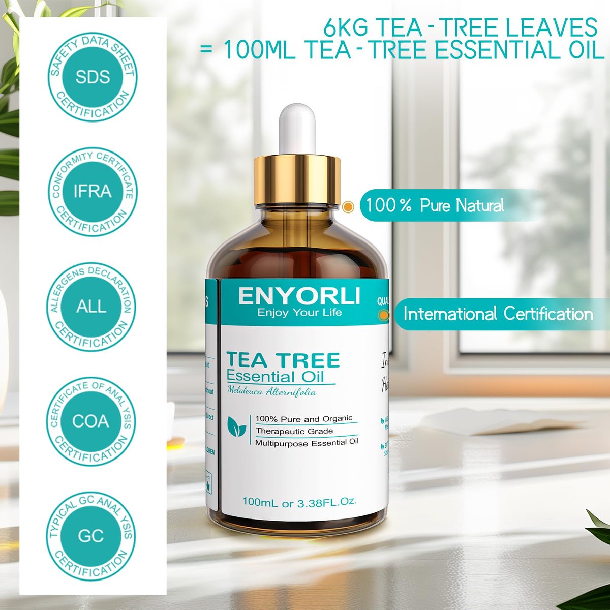 ENYORLI Teebaumöl 100 ml – 100% reines ätherisches Öl für Diffuser, Haare, Kopfhaut, Haut, Nägel & DIY