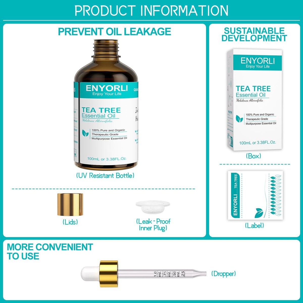 ENYORLI Teebaumöl 100 ml – 100% reines ätherisches Öl für Diffuser, Haare, Kopfhaut, Haut, Nägel & DIY