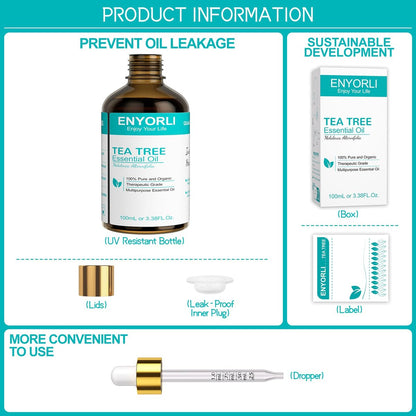ENYORLI Teebaumöl 100 ml – 100% reines ätherisches Öl für Diffuser, Haare, Kopfhaut, Haut, Nägel & DIY