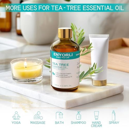 ENYORLI Teebaumöl 100 ml – 100% reines ätherisches Öl für Diffuser, Haare, Kopfhaut, Haut, Nägel & DIY