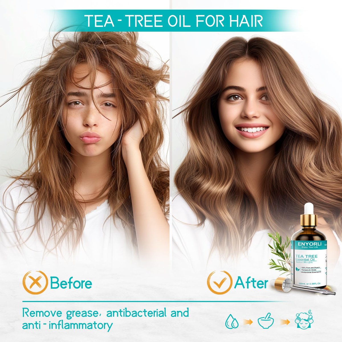 ENYORLI Teebaumöl 100 ml – 100% reines ätherisches Öl für Diffuser, Haare, Kopfhaut, Haut, Nägel & DIY
