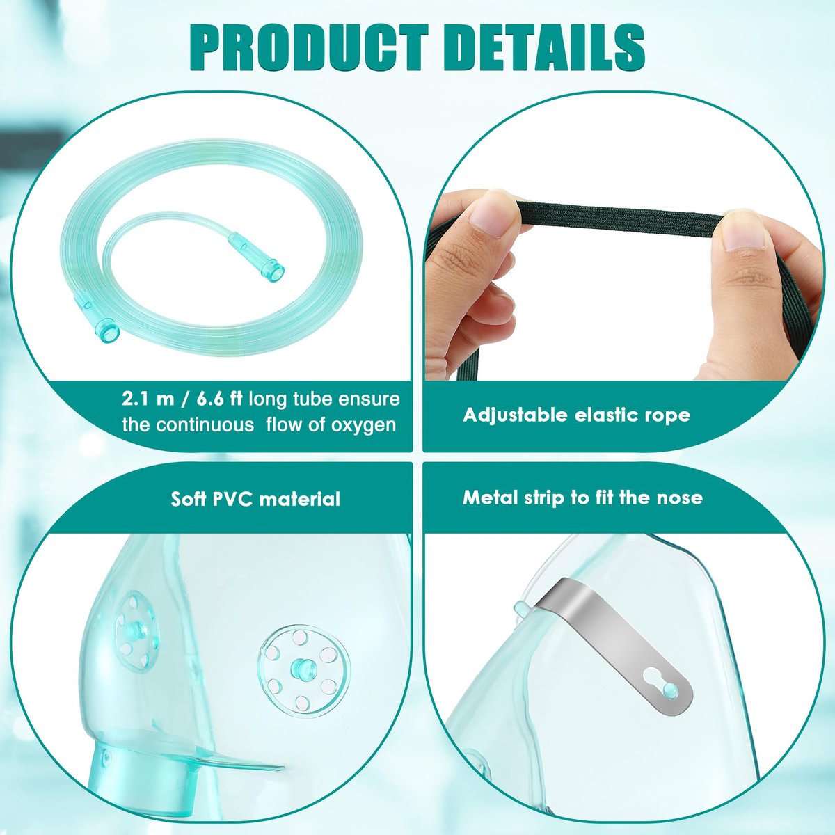 Geiserailie 2er-Pack XL Sauerstoffmaske mit 6,6 Fuß Schlauch und verstellbarem elastischen Band, Erwachsenen-Sauerstoffmaske mit Schlauch, Atemmasken für Erwachsene