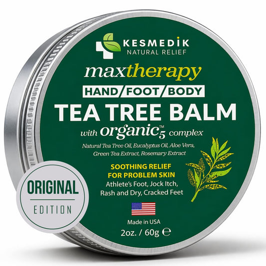 KESMEDIK Teebaumöl-Balsam für die Haut – Beruhigt Juckreiz, Hautausschläge und trockene Haut – Antimykotischer Schutz bei Fußpilz, Jock Itch, Scheuern, Insektenstichen und Ekzemen – Natürlich, wirksam und sicher für jedes Alter