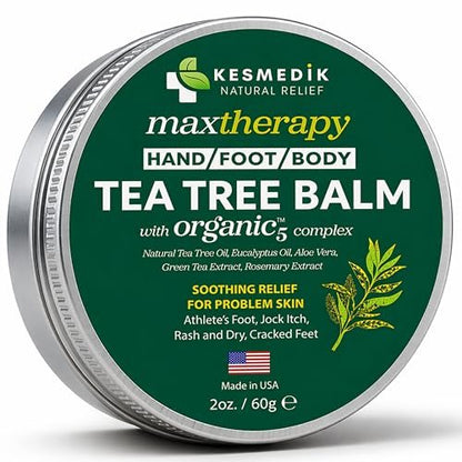KESMEDIK Teebaumöl-Balsam für die Haut – Beruhigt Juckreiz, Hautausschläge und trockene Haut – Antimykotischer Schutz bei Fußpilz, Jock Itch, Scheuern, Insektenstichen und Ekzemen – Natürlich, wirksam und sicher für jedes Alter
