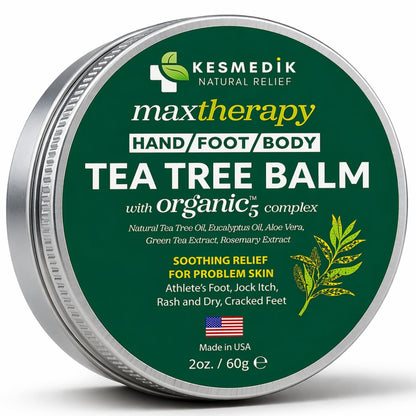 KESMEDIK Teebaumöl-Balsam für die Haut – Beruhigt Juckreiz, Hautausschläge und trockene Haut – Antimykotischer Schutz bei Fußpilz, Jock Itch, Scheuern, Insektenstichen und Ekzemen – Natürlich, wirksam und sicher für jedes Alter