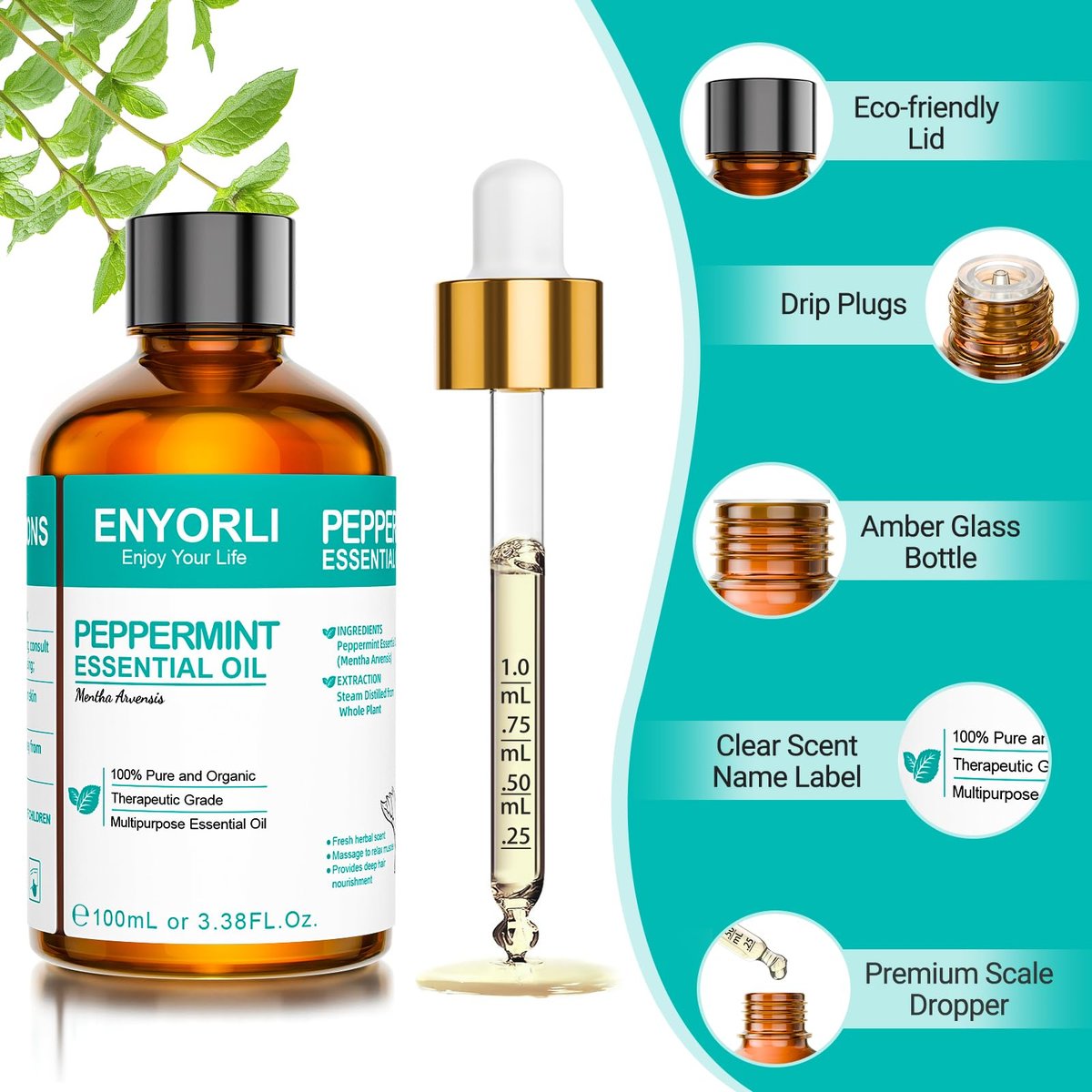 ENYORLI Pfefferminzöl 100 ml – 100% natürliches ätherisches Öl für Haare, Haut, Diffuser, Massage, Reinigung, Kerzen- und Seifenherstellung – Weihnachtsgeschenk für Frauen und Männer