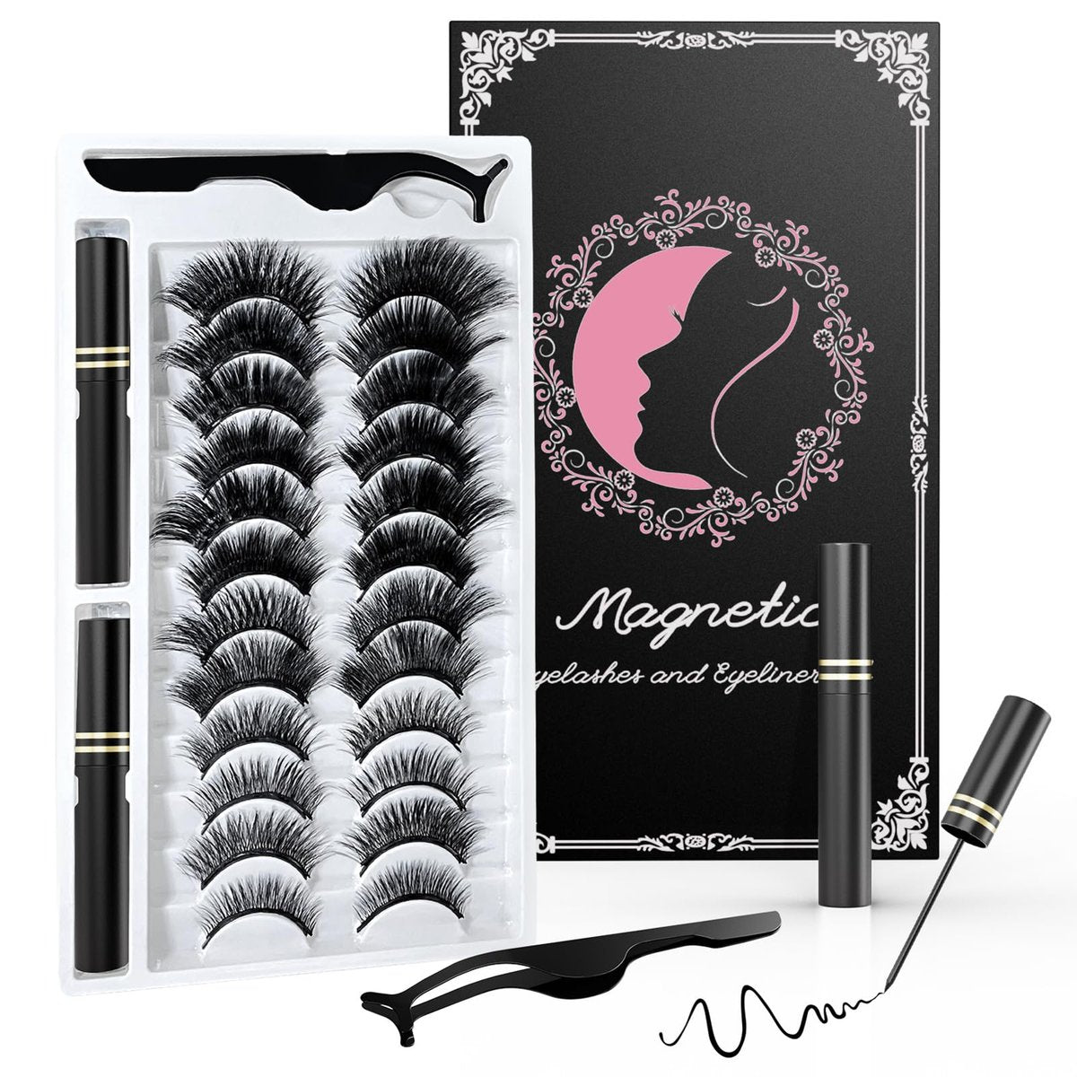 Magnetische Wimpern Set mit Eyeliner – Natürlicher Look, wiederverwendbare 3D-Kunstwimpern, kein Kleber nötig, einfache Anwendung mit Pinzette, für jeden Tag oder glamouröse Anlässe (12 Paare)