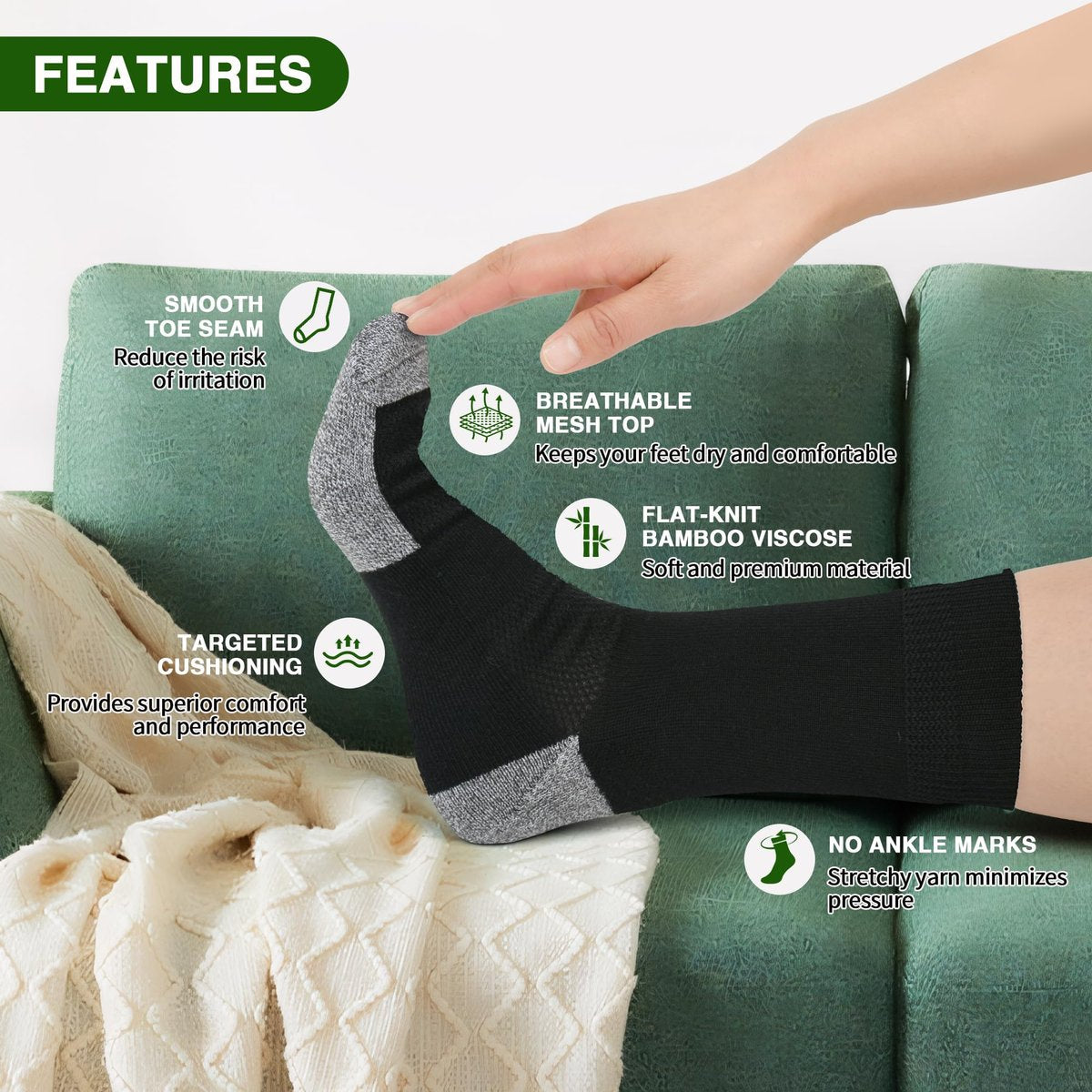 NOLUNT Diabetikersocken für Herren, 4 Paar Kompressionsstrümpfe für Neuropathie, Größen 9-12, 10-13, 13-15 (Schwarz, Large)