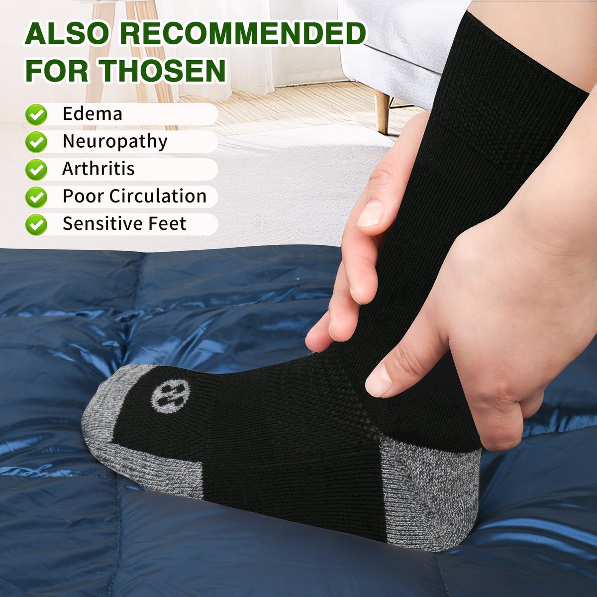 NOLUNT Diabetikersocken für Herren, 4 Paar Kompressionsstrümpfe für Neuropathie, Größen 9-12, 10-13, 13-15 (Schwarz, Large)