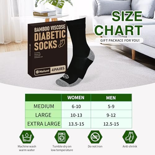 NOLUNT Diabetikersocken für Herren, 4 Paar Kompressionsstrümpfe für Neuropathie, Größen 9-12, 10-13, 13-15 (Schwarz, Large)
