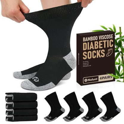 NOLUNT Diabetikersocken für Herren, 4 Paar Kompressionsstrümpfe für Neuropathie, Größen 9-12, 10-13, 13-15 (Schwarz, Large)