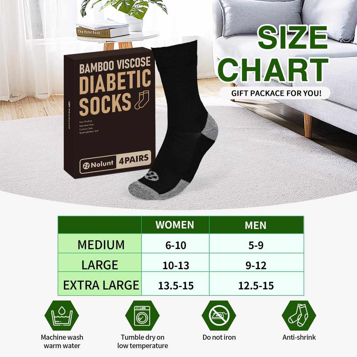 NOLUNT Diabetikersocken für Herren, 4 Paar Kompressionsstrümpfe für Neuropathie, Größen 9-12, 10-13, 13-15 (Schwarz, Large)
