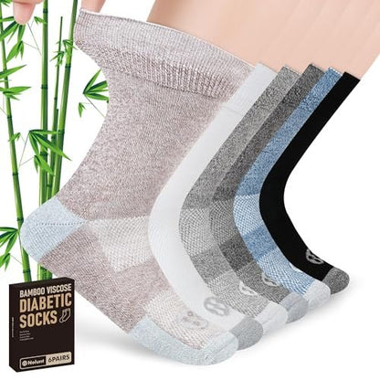 NOLUNT Diabetikersocken für Herren, 6 Paar Bambusviskose ohne Bündchen, Crew-Socken, Größen 9-12, 10-13, 13-15 (Weiß+Schwarz+Dunkelgrau+Tiefgrau+Sandfarben+Tiefblau - Large)