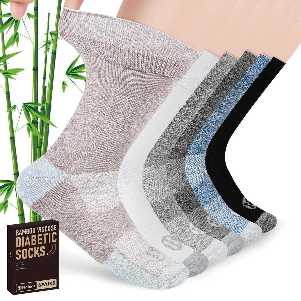 NOLUNT Diabetikersocken für Herren, 6 Paar Bambusviskose ohne Bündchen, Crew-Socken, Größen 9-12, 10-13, 13-15 (Weiß+Schwarz+Dunkelgrau+Tiefgrau+Sandfarben+Tiefblau - Large)