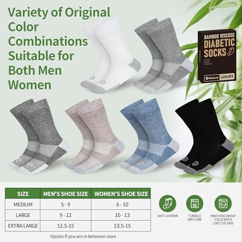 NOLUNT Diabetikersocken für Herren, 6 Paar Bambusviskose ohne Bündchen, Crew-Socken, Größen 9-12, 10-13, 13-15 (Weiß+Schwarz+Dunkelgrau+Tiefgrau+Sandfarben+Tiefblau - Large)