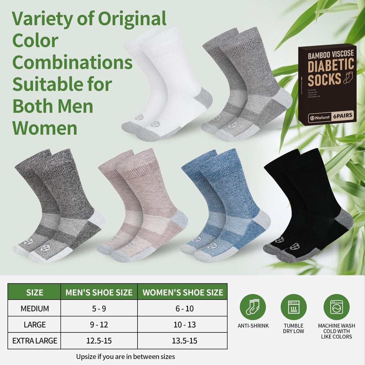 NOLUNT Diabetikersocken für Herren, 6 Paar Bambusviskose ohne Bündchen, Crew-Socken, Größen 9-12, 10-13, 13-15 (Weiß+Schwarz+Dunkelgrau+Tiefgrau+Sandfarben+Tiefblau - Large)