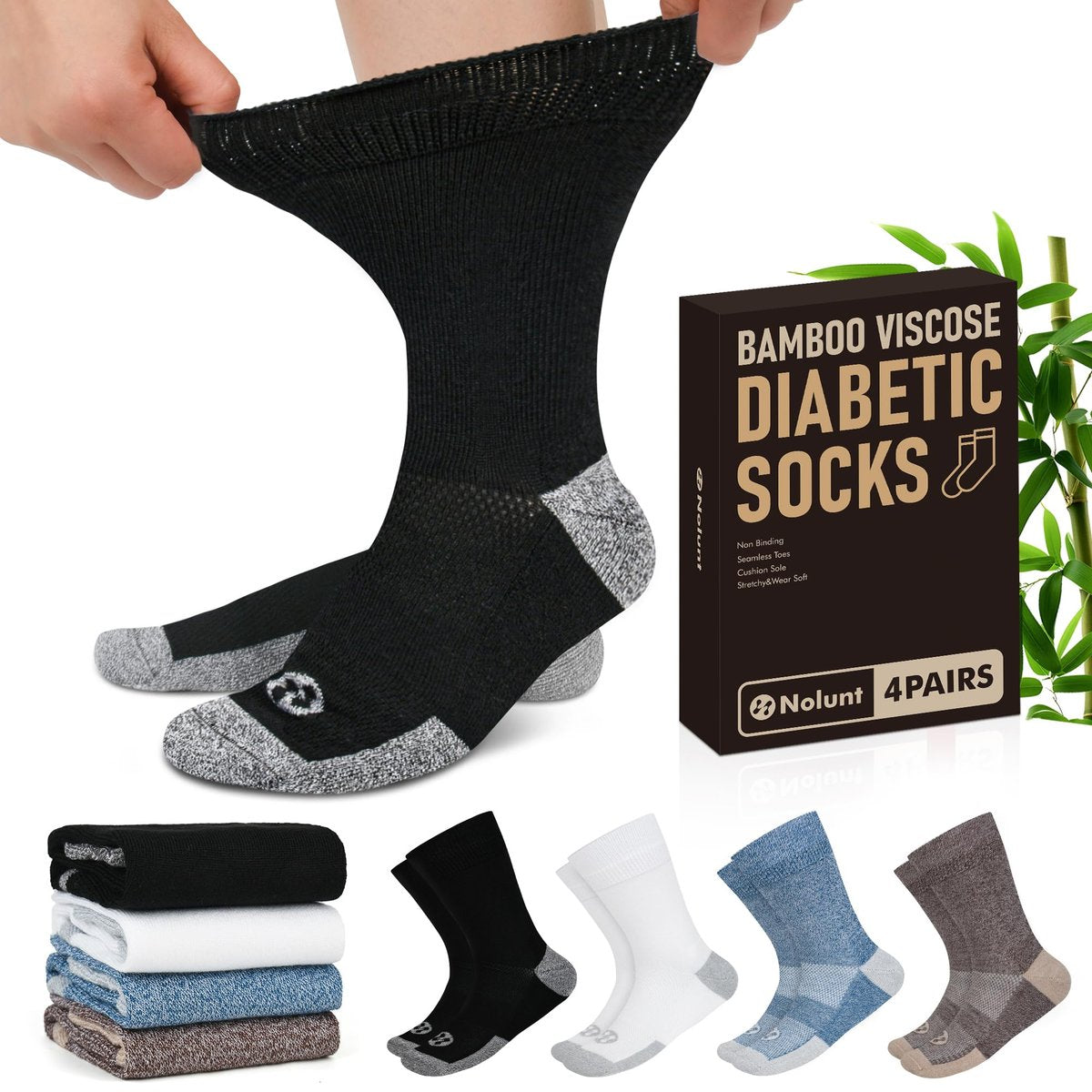 NOLUNT Diabetikersocken für Herren, 4 Paar Kompressionssocken für Neuropathie, Größen 9-12, 10-13, 13-15 (Dunkelblau/Weiß/Coffee/Schwarz - Large)