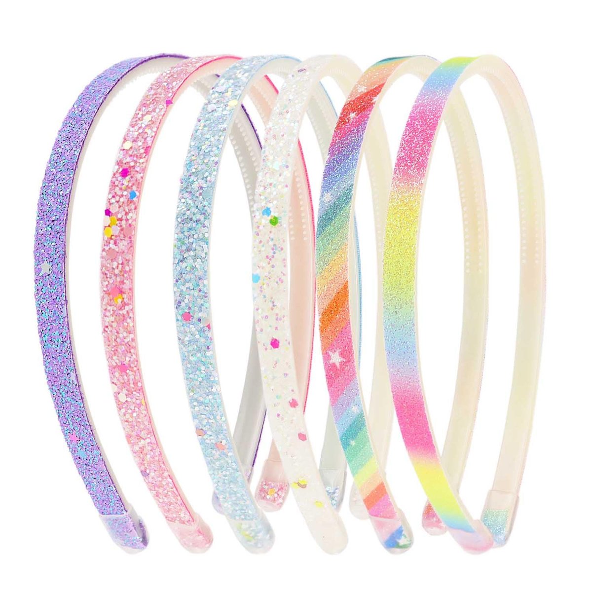 TKYPZY 6er Pack Glitzer-Stirnbänder – Dünne Glitzer-Stirnbänder für Frauen, Bunte Haarbänder, Plastik-Glitzer-Haarbänder, Regenbogen-Haarbänder mit Zähnen, Rutschfeste Haarbänder
